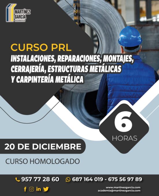Curso PRL Instalaciones, Reparaciones, Montajes, Cerrajería, Estructuras Metálicas y Carpintería Metálica