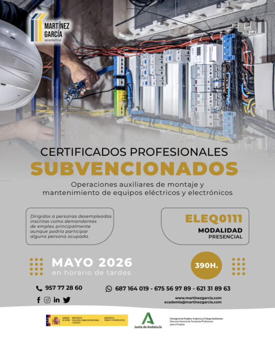 Certificado Profesional Operaciones auxiliares de montaje y mantenimiento de equipos eléctricos y electrónicos subvencionados<span class="badge-status" style="background:#ef1818">FINALIZADO</span>&nbsp;