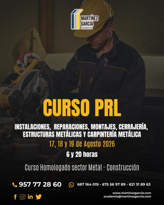 Curso PRL de Instalaciones, Reparaciones, Montajes, Cerrajería, Estructuras Metálicas y Carpintería Metálica
